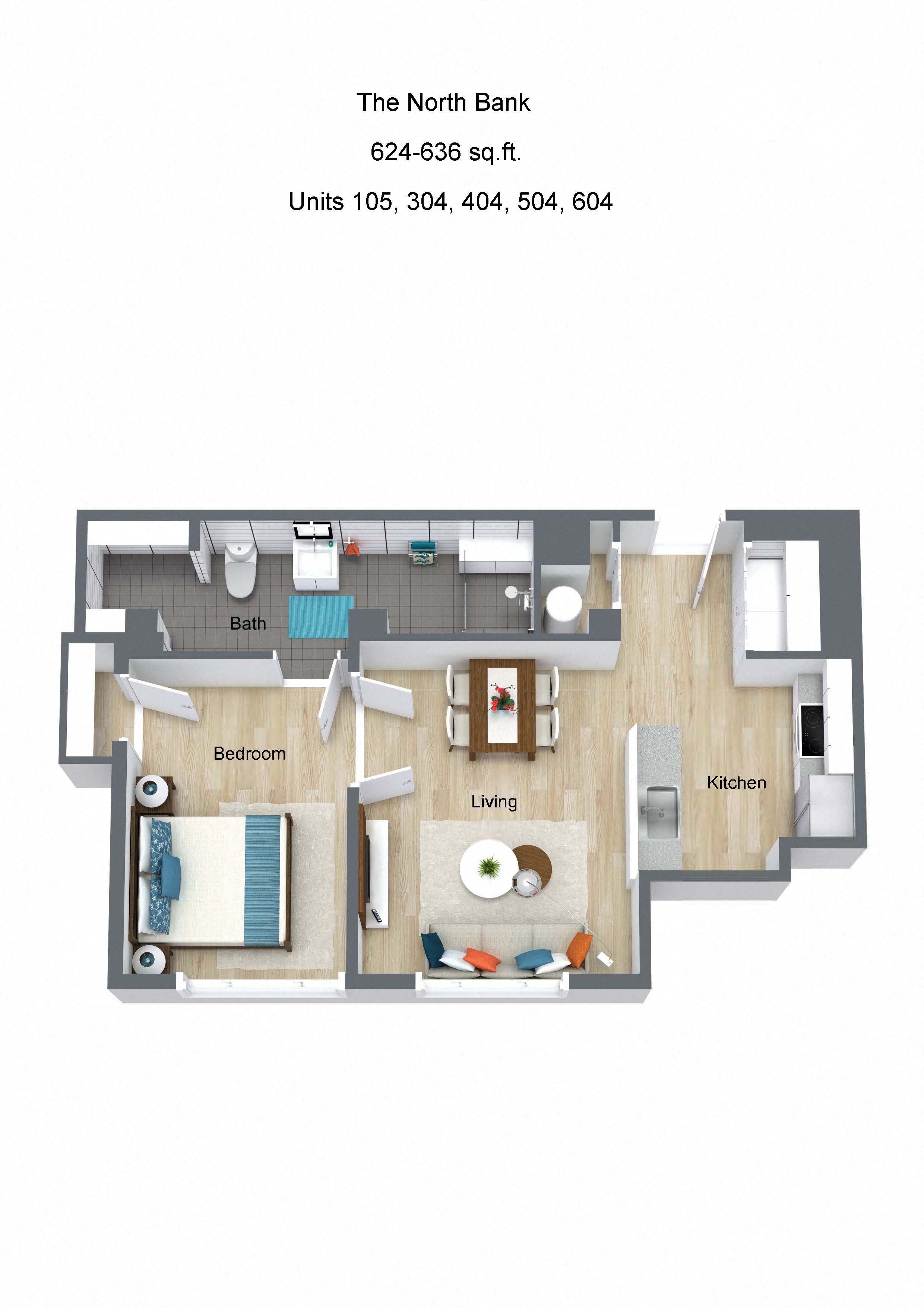 Floor plan for 1 bed, 1 bath, 624 sqft
